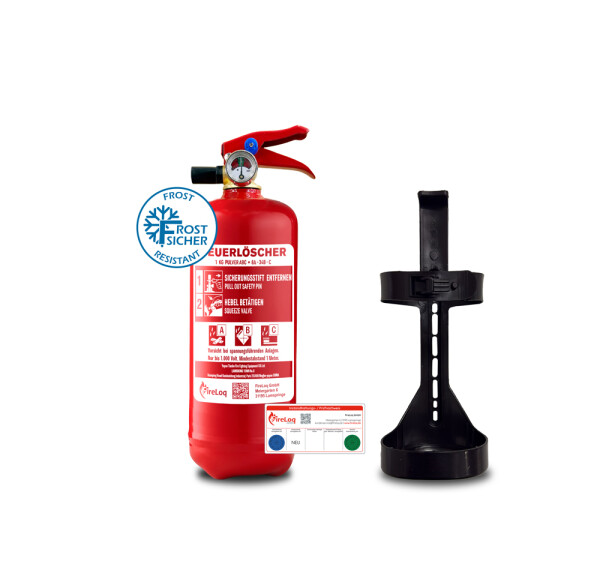 FireLoq® 1kg Pulver Löscher 8A | 34B | C Prüfnachweis,  KFZ-Halter und Manometer