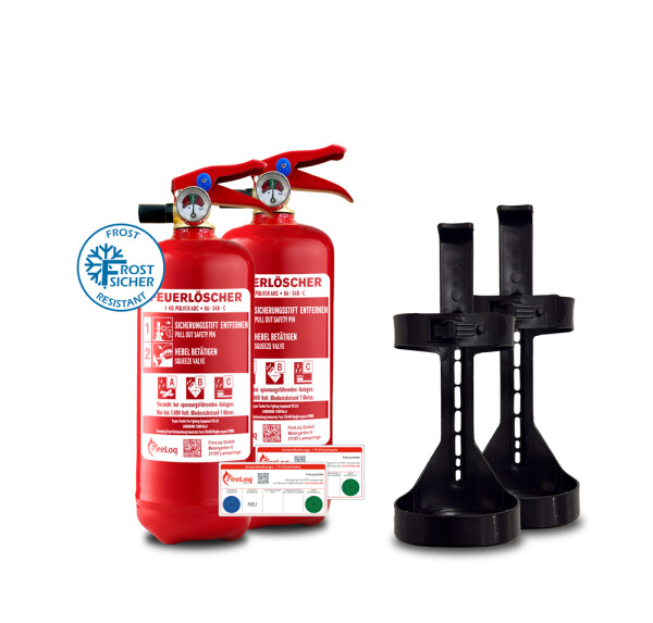 FireLoq® 2x 1kg Pulver Löscherr 8A | 34B | C Prüfnachweis,  KFZ-Halter und Manometer