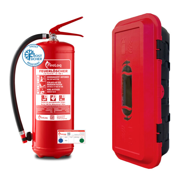 FireLoq® 6kg ABC Pulver-Feuerlöscher 27A | 233B | C + Schutzbox und Prüfnachweis