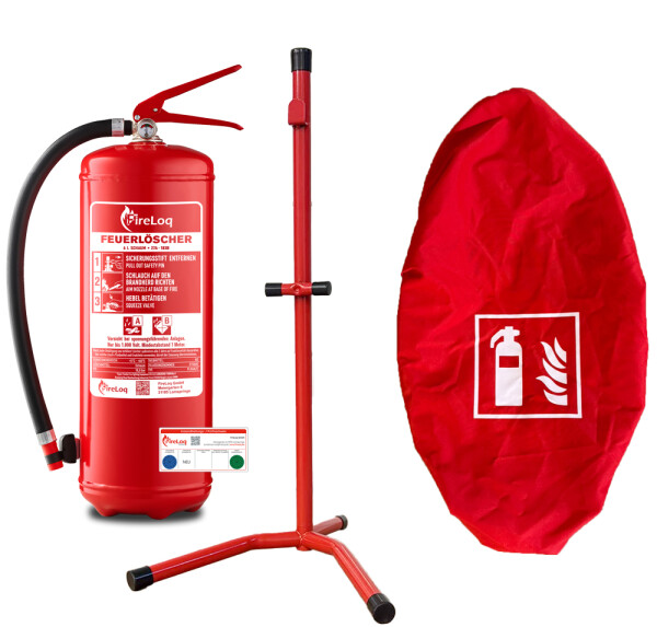 FireLoq® 6L Schaumlöscher 27A | 183B + Feuerlöscher Ständer + Schutzhaube rot