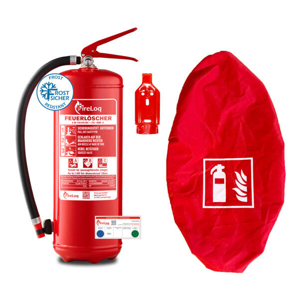 FireLoq® 6kg Pulver Feuerlöscher mit roter Schutzhaube mit Prüfnachweis