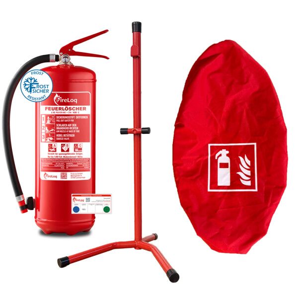 FireLoq® 6kg Pulver Feuerlöscher + Ständer + roter Schutzhaube mit Prüfnachweis