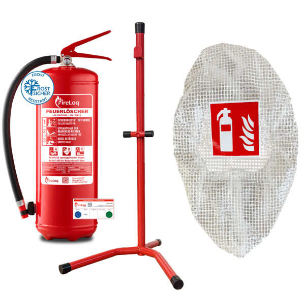 FireLoq® 6kg Pulver Feuerlöscher + Ständer + Gitterschutzhaube mit Prüfnachweis