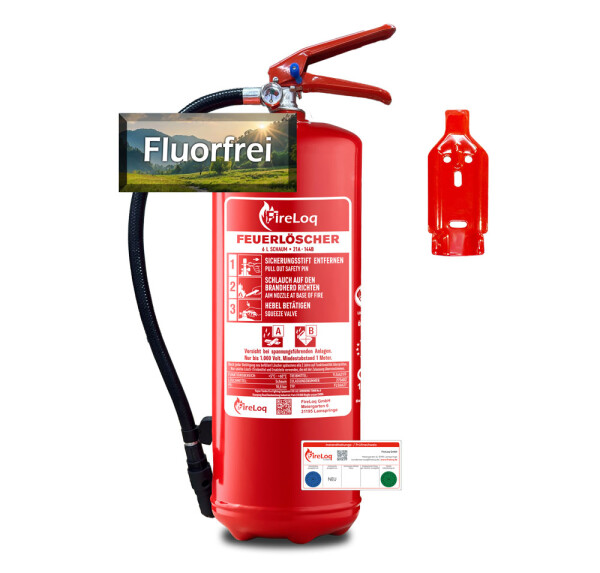 FireLoq® 6L fluorfrei Schaumlöscher 21A | 144B mit Prüfnachweis, Wandhalter
