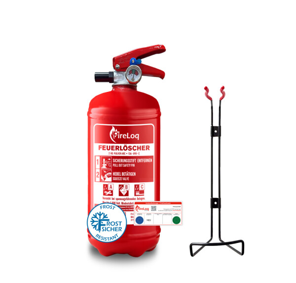 FireLoq® 2kg Pulver Löscher 13A | 89B | C Prüfnachweis, Wandhalter und Manometer