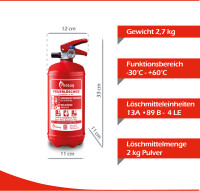 FireLoq® 2kg Pulver Löscher 13A | 89B | C Prüfnachweis, Wandhalter und Manometer
