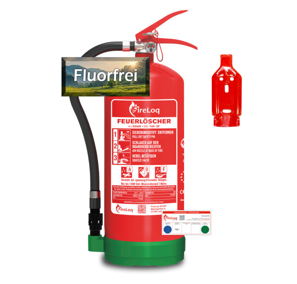 FireLoq® 6L Fettbrandlöscher ABF 27A | 144B | 25F mit Prüfnachweis, Wandhalter und Manometer