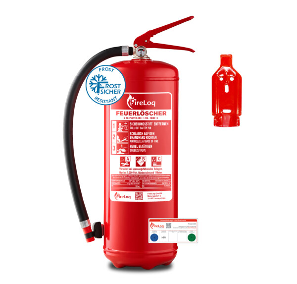 FireLoq® 6kg Pulver Löscher 27A | 233B | C Prüfnachweis, Wandhalter und Manometer
