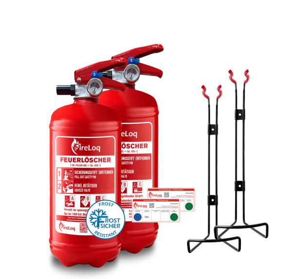 FireLoq® 2x 2kg Pulver Löscher 13A | 89B | C Prüfnachweis, Wandhalter, Manometer